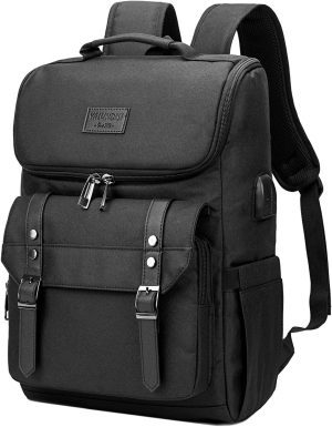 Vintage Travel Laptop Backpack (with USB Charging Port), Unisex School Backpack, Black